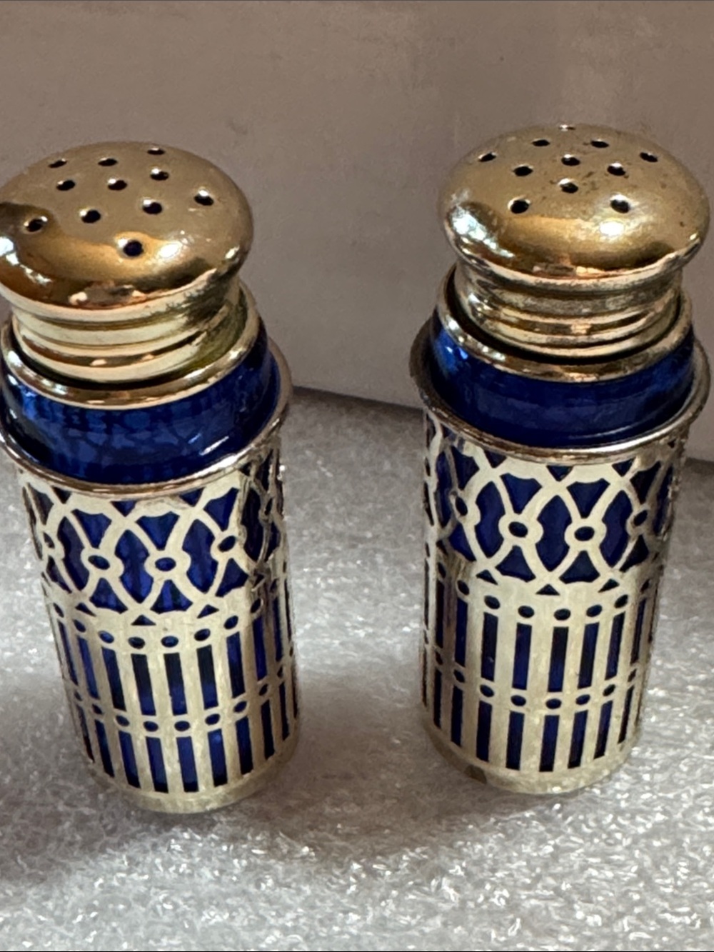 Vintage Pair Of Cobalt Blue Glass Salt & Pepper Encased in Silvertone